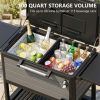 Rolling outdoor cooler cart equipped with dual side lids, foldable wing shelves and omnidirectional casters, with built-in bottle opener